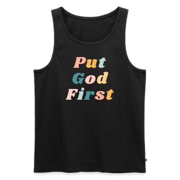 Setzen Sie Gott an die erste Stelle - Happy Colorful Vibe Christian - Männer Premium Bio Tank Top - Schwarz - Vorne - AI Model Male 178 light (178cm)