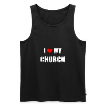 Don chrétien J’aime mon Église Chrétienne - Débardeur bio Premium Homme - noir - Devant - AI Model Male 178 light (178cm)