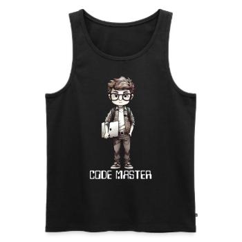 nerd avec un ordinateur portable à la main - Débardeur bio Premium Homme - noir - Devant - Michal (187cm)