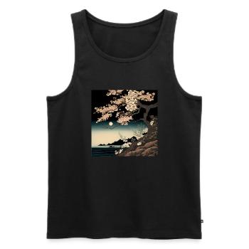 Cerisier en fleurs la nuit Style Hokusai - Débardeur bio Premium Homme - noir - Devant - AI Model Male 178 light (178cm)