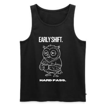 Early Shift Owl Shirt – Hard Pass - Männer Premium Bio Tank Top - Schwarz - Vorne - AI Model Male 178 light (178cm)