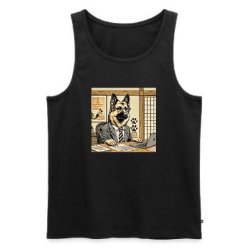 German Shepherd at the Desk - Ukiyo-e Style - Men's Premium Organic Tank Top - black - Front - AI Model Male 178 light (178cm)