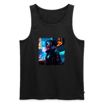 Weiblicher Charakter im Cyberspace bei Neonlicht - Männer Premium Bio Tank Top - Schwarz - Vorne - AI Model Male 178 light (178cm)
