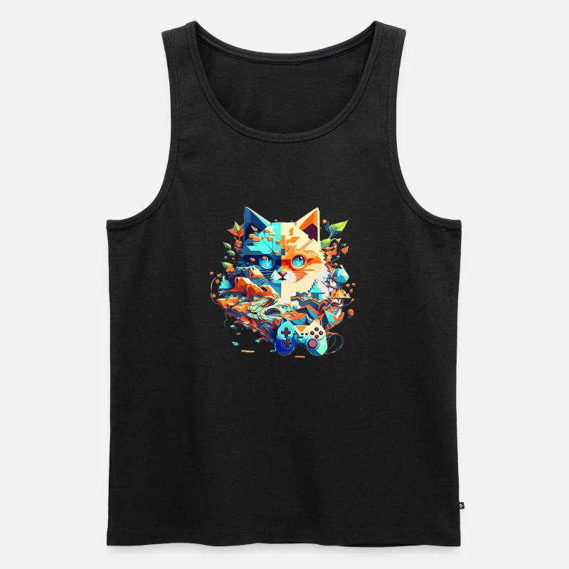 Katzengesicht als Videospieler mit Controller - Männer Premium Bio Tank Top - Schwarz