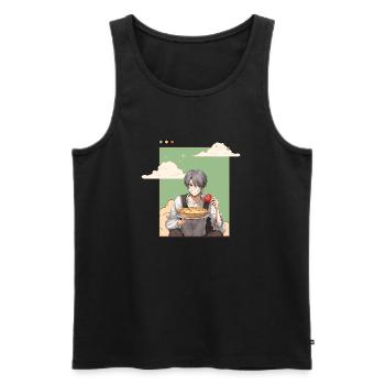 anime mangeant une tarte aux pommes sur les nuages - Débardeur bio Premium Homme - noir - Devant - AI Model Male 178 light (178cm)