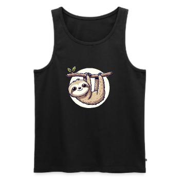 kindlich gestaltetes Faultier hängt an einem Ast - Männer Premium Bio Tank Top - Schwarz - Vorne - AI Model Male 178 light (178cm)