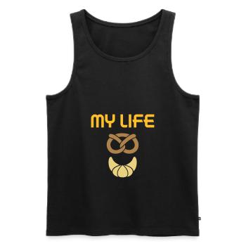 Ma vie (bretzel, croissant) - Débardeur bio Premium Homme - noir - Devant - Michal (187cm)