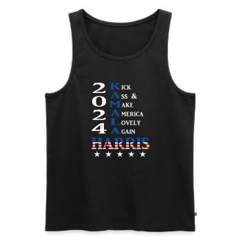Kamala 2024, Kick Ass & Make America Lovely Again - Men's Premium Organic Tank Top - black - Front - AI Model Male 178 light (178cm)