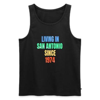 Rétro Vintage vivant à San Antonio depuis 1974 - Débardeur bio Premium Homme - noir - Devant - Michal (187cm)