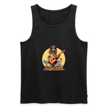 Grenouille hippie cool avec guitare et fleurs rétro - Débardeur bio Premium Homme - noir - Devant - Michal (187cm)