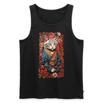 Chat japonais esthétique en kimono Ukiyo-E - Débardeur bio Premium Homme - noir - Devant - AI Model Male 178 light (178cm)