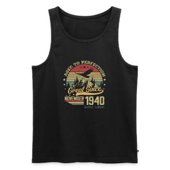 84 years old Aged to Perfection born: November 1940 - Men's Premium Organic Tank Top - black - Front - AI Model Male 178 light (178cm)