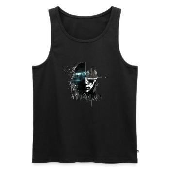 Lone hacker in a dystopian city - Men's Premium Organic Tank Top - black - Front - AI Model Male 178 light (178cm)