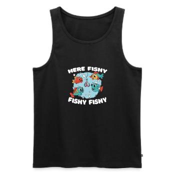Here Fishy Fishy Lustiger Angler Spruch - Men's Premium Organic Tank Top - black - Front - Michal (187cm)