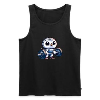 Hibou avec haltères séance d’entraînement Harfang des neiges tige - Débardeur bio Premium Homme - noir - Devant - Michal (187cm)
