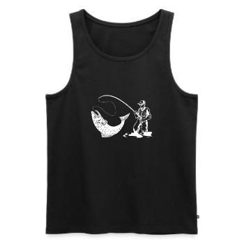 Silhouette de pêcheur avec canne à pêche et truite - Débardeur bio Premium Homme - noir - Devant - Michal (187cm)