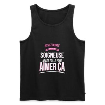 Soigneuse douée folle cadeau femme - Débardeur bio Premium Homme - noir - Devant - Michal (187cm)