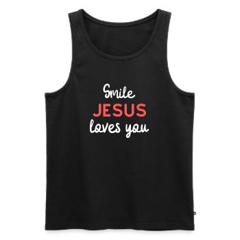 Jésus t’aime sourire Faute de frappe - Débardeur bio Premium Homme - noir - Devant - Michal (187cm)