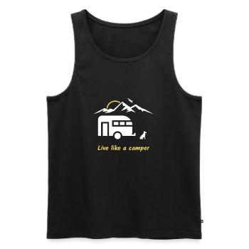 Vivez comme un campeur, un chien, des montagnes, un oiseau, une caravane - Débardeur bio Premium Homme - noir - Devant - AI Model Male 178 light (178cm)
