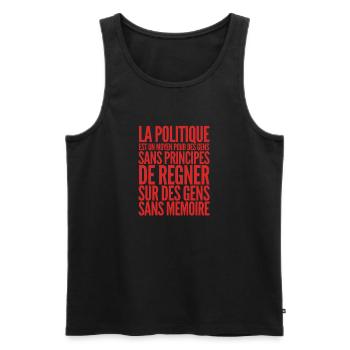 Citation Politique Voltaire - Humour noir - Débardeur bio Premium Homme - noir - Devant - AI Model Male 178 light (178cm)
