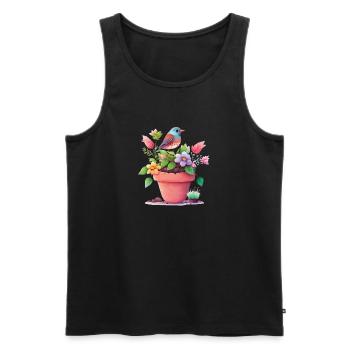 Aquarelle en pot d’oiseau en fleurs - Débardeur bio Premium Homme - noir - Devant - Michal (187cm)
