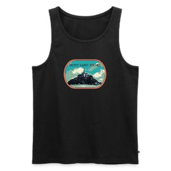 Illustration in blue and green of Mont Saint Michel - Men's Premium Organic Tank Top - black - Front - AI Model Male 178 light (178cm)
