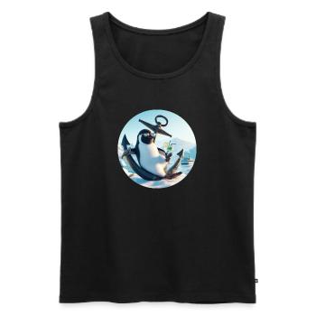 Casual penguin sits on anchor and drinks - Men's Premium Organic Tank Top - black - Front - AI Model Male 178 light (178cm)