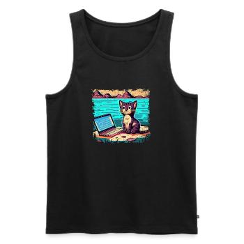 Cat with laptop - Men's Premium Organic Tank Top - black - Front - AI Model Male 178 light (178cm)