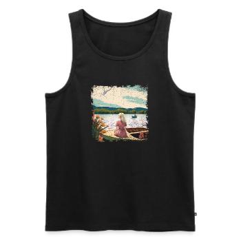 Woman sitting in boat by the water - Men's Premium Organic Tank Top - black - Front - AI Model Male 178 light (178cm)