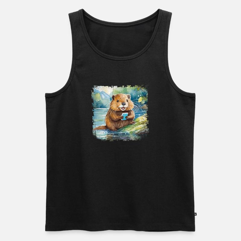 Niedlicher junger Biber mit Handy - Männer Premium Bio Tank Top - Schwarz