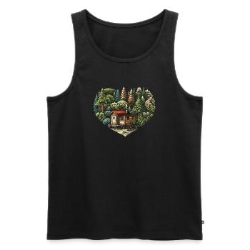 Vivre près de la nature avec une petite maison en forêt - Débardeur bio Premium Homme - noir - Devant - AI Model Male 178 light (178cm)