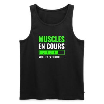 Muscles en cours veuillez patienter - Débardeur bio Premium Homme - noir - Devant - AI Model Male 178 light (178cm)