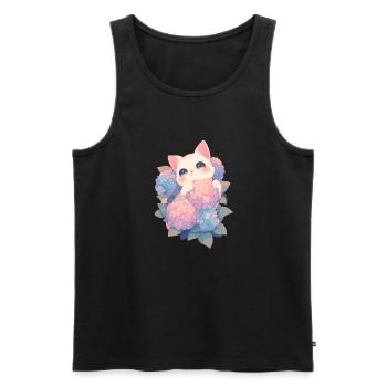 Kawaii White Cat Hydrangeas Flowers Chibi Style - Men's Premium Organic Tank Top - black - Front - Michal (187cm)