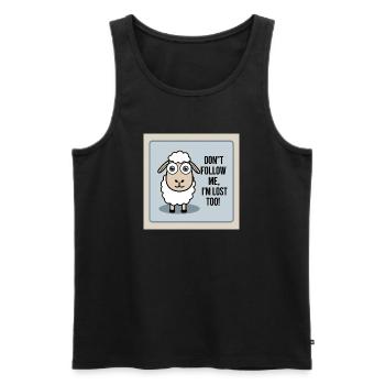 Moutons « Ne me suis pas – moi aussi je suis perdu ! » - Débardeur bio Premium Homme - noir - Devant - AI Model Male 178 light (178cm)