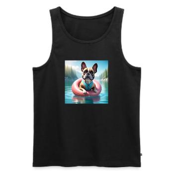 Playful French Bulldog on Water Ring - Men's Premium Organic Tank Top - black - Front - AI Model Male 178 light (178cm)