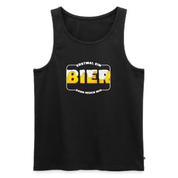 Première bière – barrage, parlons-en - Débardeur bio Premium Homme - noir - Devant - Michal (187cm)