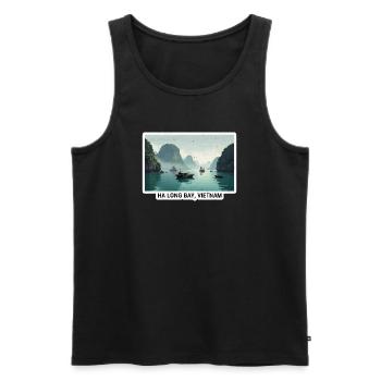Panorama en bateau de la baie d’Ha Long - Débardeur bio Premium Homme - noir - Devant - AI Model Male 178 light (178cm)