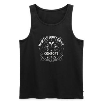 Muscles Don’t Grow in Comfort Zones - Männer Premium Bio Tank Top - Schwarz - Vorne - AI Model Male 178 light (178cm)