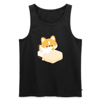 Corgi fatigué sur le lit - Débardeur bio Premium Homme - noir - Devant - AI Model Male 178 light (178cm)