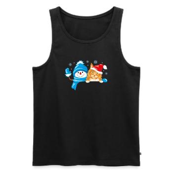 Peeking waving snowman and cute ginger cat - Men's Premium Organic Tank Top - black - Front - Michal (187cm)