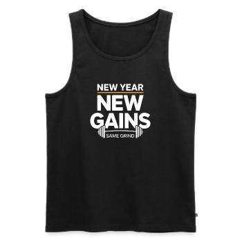 Nouvelle année : nouveaux gains – Même dicton de la salle de sport - Débardeur bio Premium Homme - noir - Devant - AI Model Male 178 light (178cm)