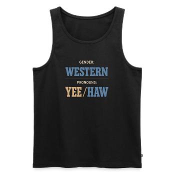 Funny Pronoun Yee Haw T-shirt Cowboy Humor - Men's Premium Organic Tank Top - black - Front - AI Model Male 178 light (178cm)