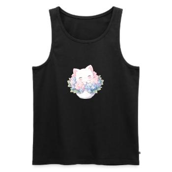 Cute White Cat in Hydrangeas – Kawaii Design - Men's Premium Organic Tank Top - black - Front - Michal (187cm)