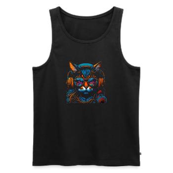 Neon DJ-Katze mit Kopfhörern - Männer Premium Bio Tank Top - Schwarz - Vorne - AI Model Male 178 light (178cm)