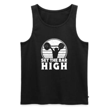 Bodybuilder en powerlifting fixe la barre haute salle de sport - Débardeur bio Premium Homme - noir - Devant - Michal (187cm)
