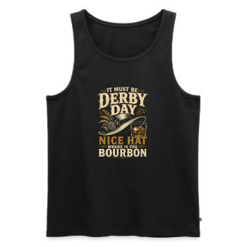 Derby Day : motif du chapeau et du bourbon - Débardeur bio Premium Homme - noir - Devant - Michal (187cm)
