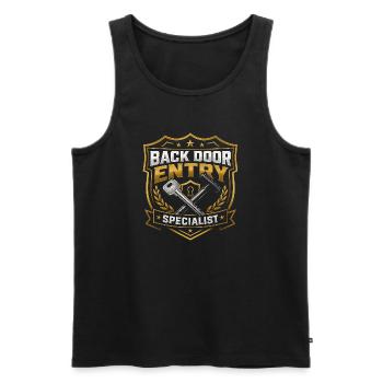 Backdoor Entry Specialist – Funny Men - Men's Premium Organic Tank Top - black - Front - AI Model Male 178 light (178cm)
