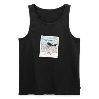 Foto Nordsee Möwe Wattvogel mit Schrift  - Männer Premium Bio Tank Top - Schwarz - Vorne - Michal (187cm)
