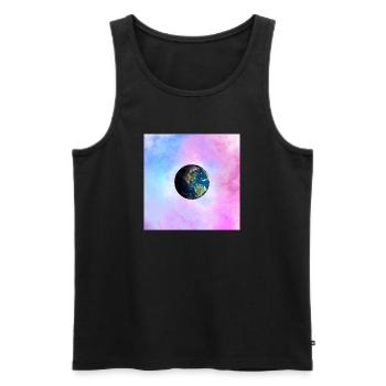 Globe terrestre devant une galaxie pastel - Débardeur bio Premium Homme - noir - Devant - Michal (187cm)