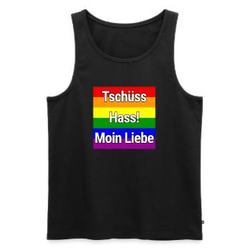 TSCHÜSS HASS MOIN LIEBE REGENBOGEN STATEMENT SHIRT - Männer Premium Bio Tank Top - Schwarz - Vorne - Michal (187cm)